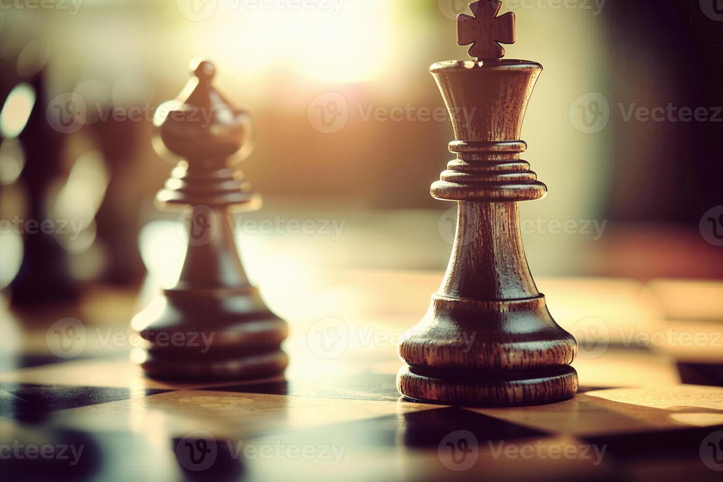 King and bishop chess pieces standing on chessboard at sunset photo