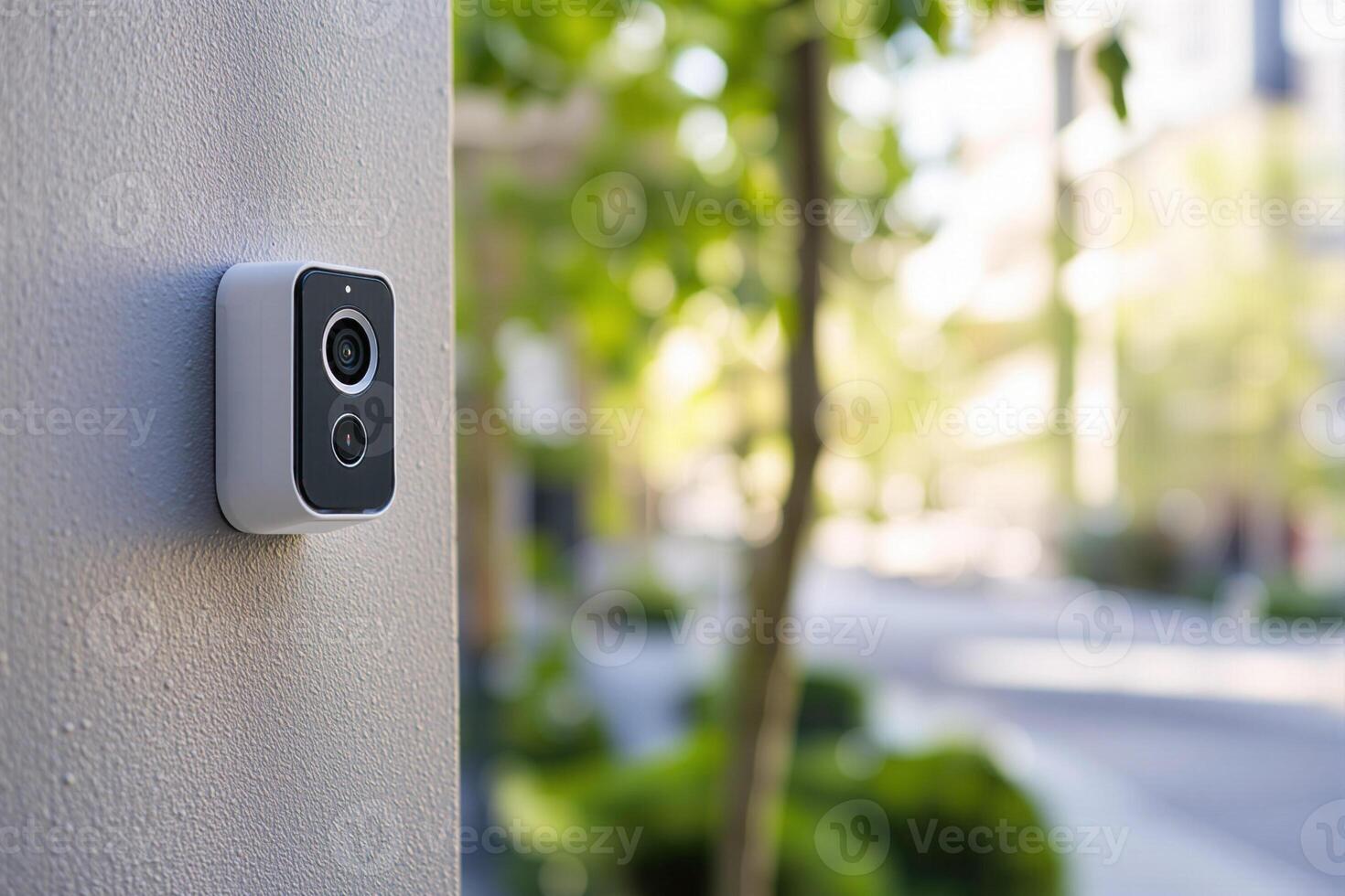 Wireless outdoor security camera monitoring a residential street photo