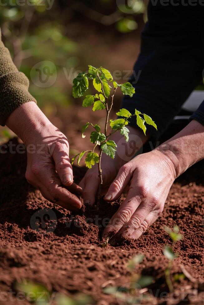 Gardeners planting a young tree sapling in fertile soil photo