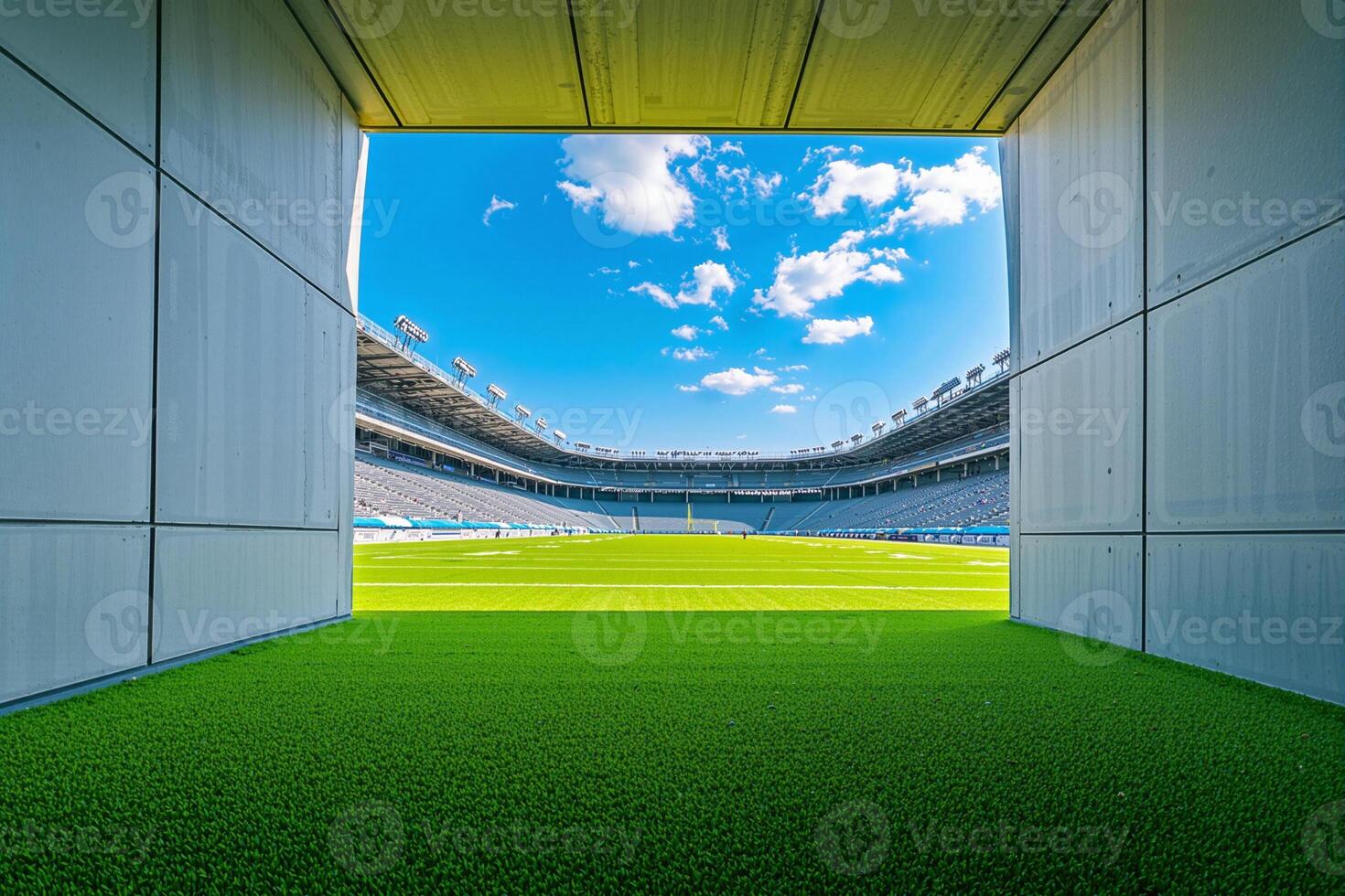 Empty stadium field seen from players tunnel on a sunny day photo