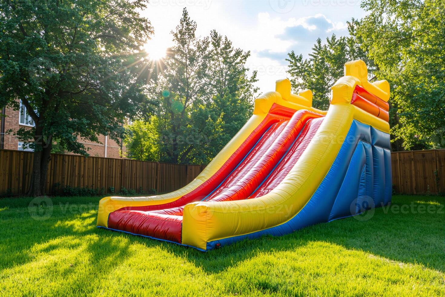 Colorful inflatable slide bringing joy to summer backyard party photo