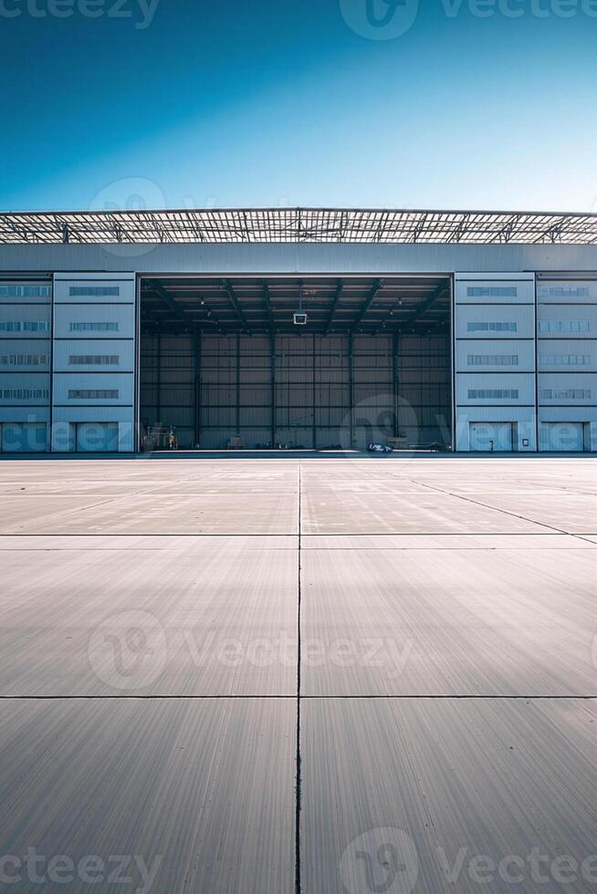 Large empty hangar with open door and concrete apron on sunny day photo