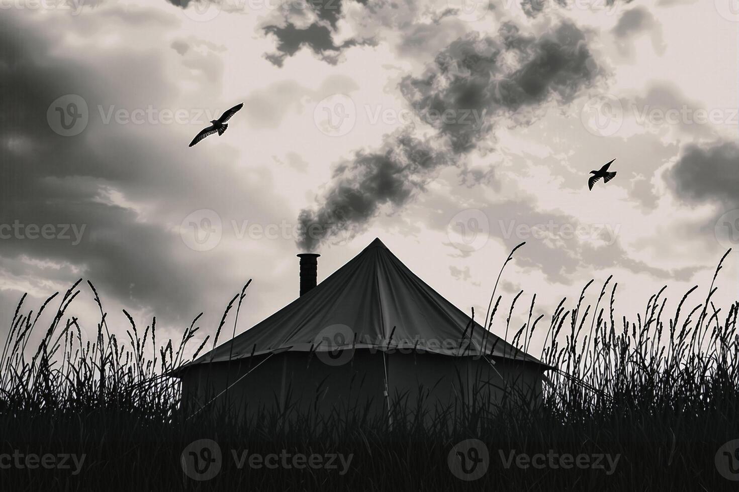 Glamping tent with smoking chimney under cloudy sky and flying birds photo