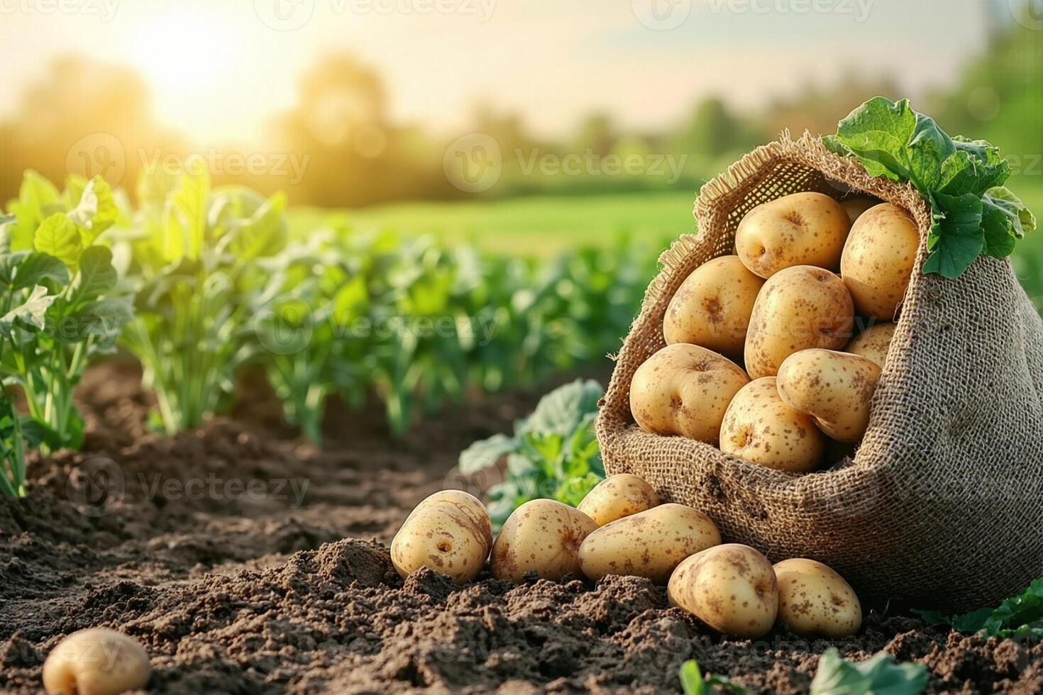 Fresh potatoes spilling from burlap sack in cultivated field at sunset photo