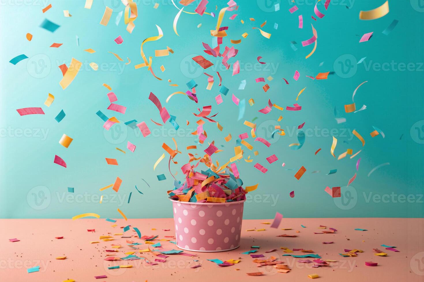 Colorful confetti exploding from a pink polka dot bucket on a teal background photo