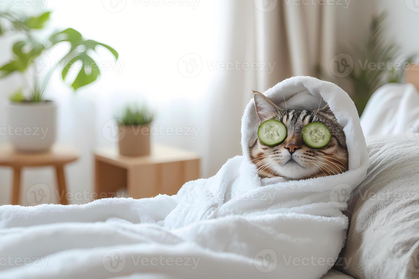 Cat relaxing in spa with cucumber slices on eyes and towel on head photo