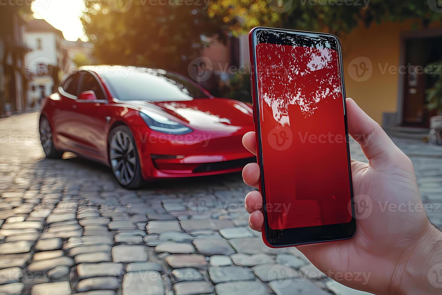 Businessman holding smartphone monitoring red electric car in cobblestone street photo