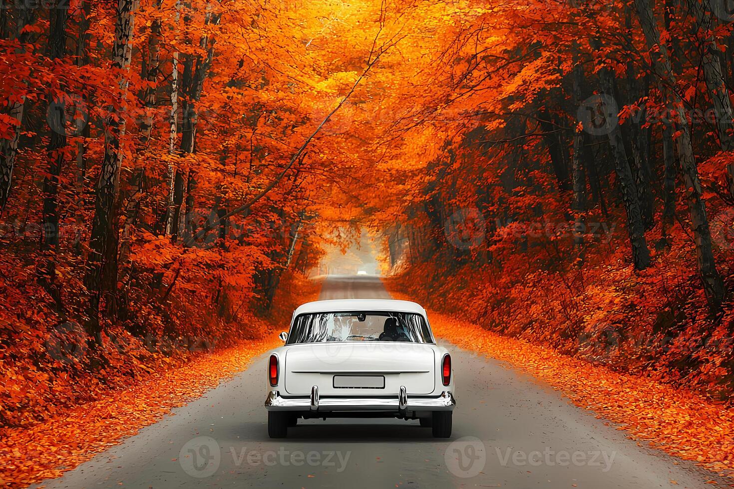 White vintage car driving on scenic autumn road photo