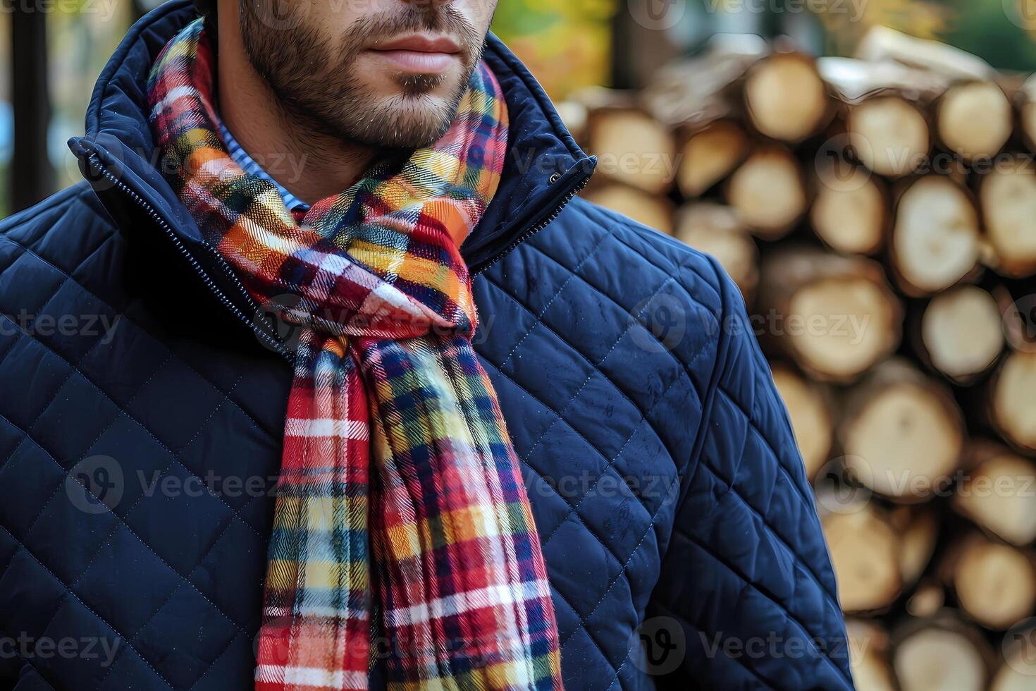 Lumberjack wearing stylish checkered scarf and quilted jacket photo