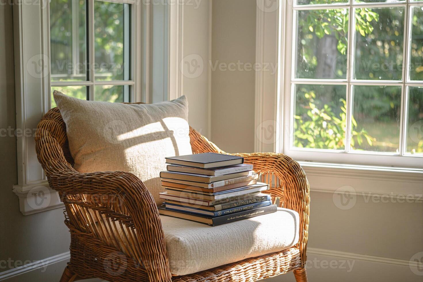 Stack of books resting on wicker chair by sunny window photo