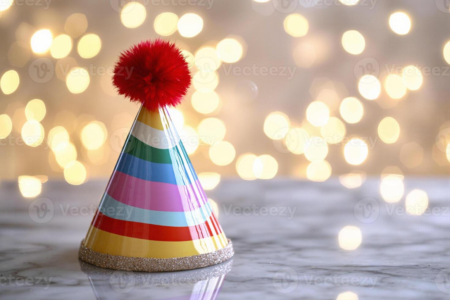 Colorful party hat sitting on marble table with bokeh lights photo
