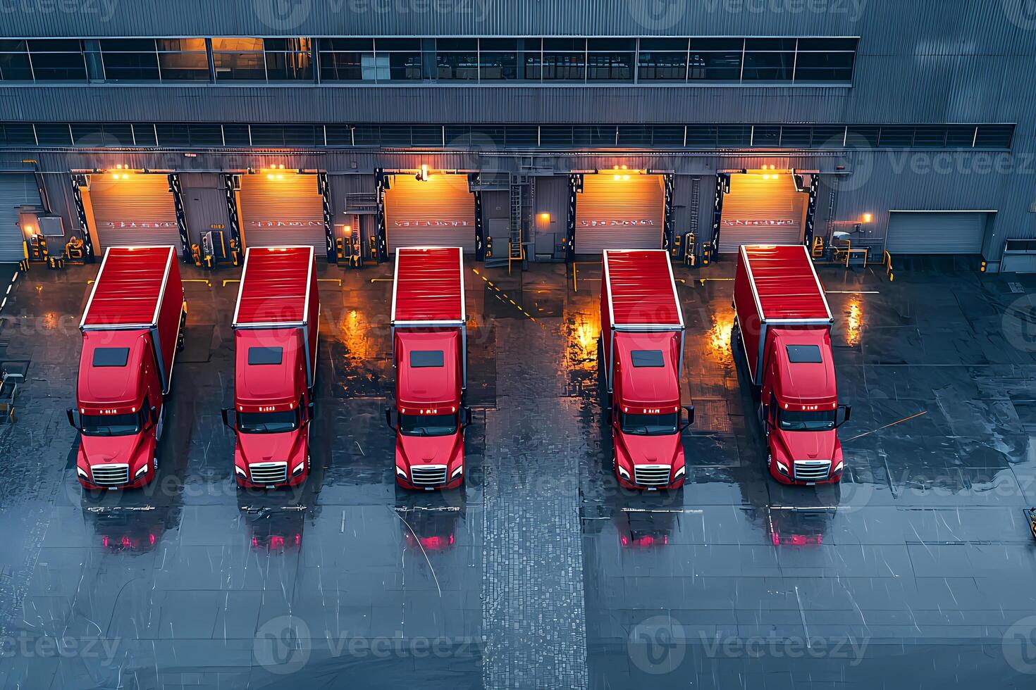 Red trucks parked in front of loading docks at distribution center during rain photo