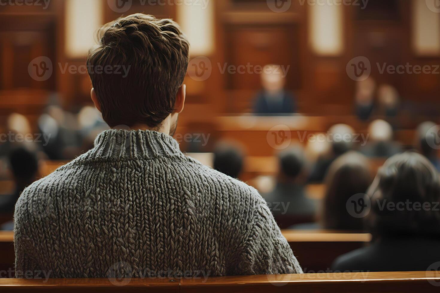 Man attending meeting or court hearing sitting in wooden bench photo
