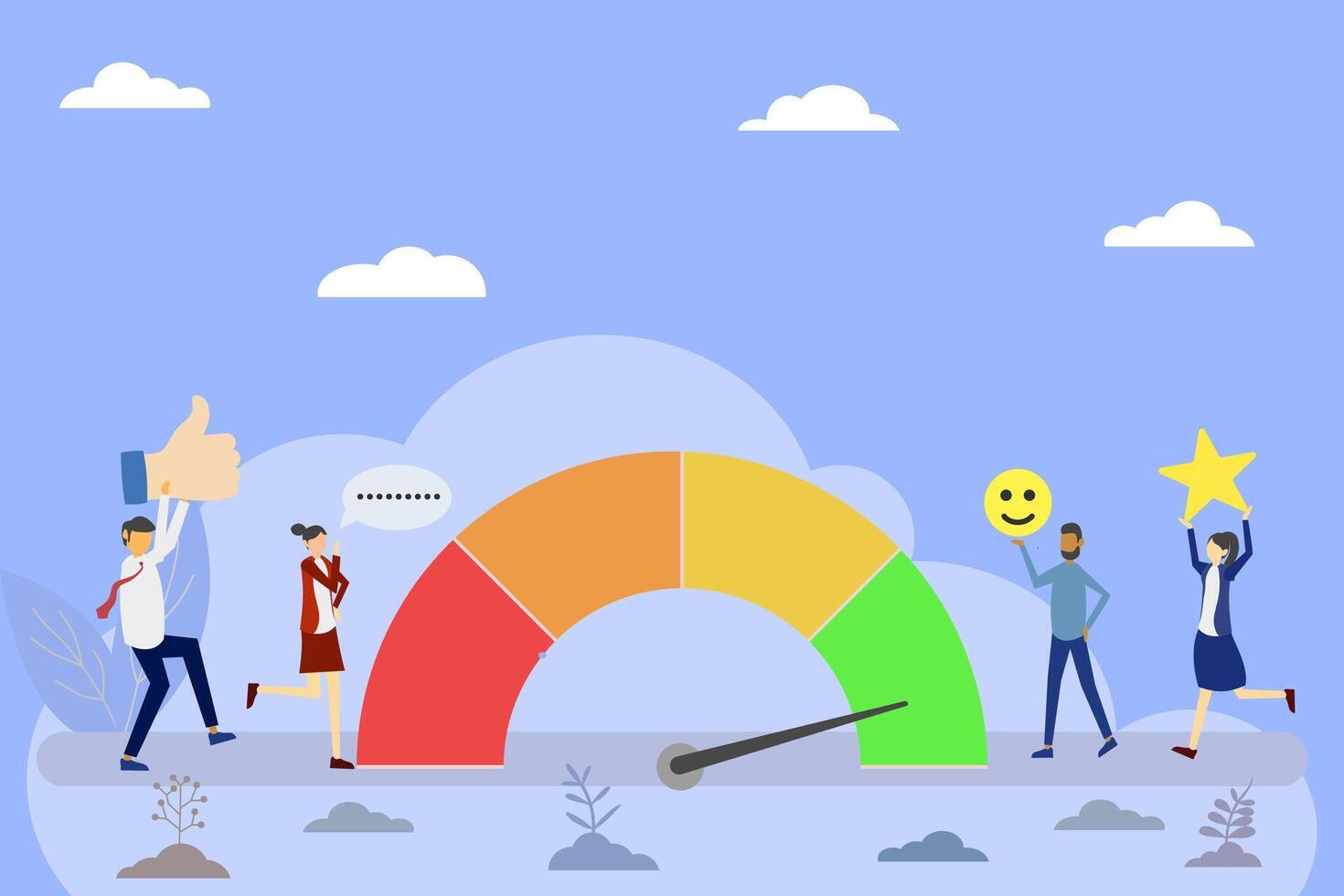 Business Team Achieving Positive Feedback and High Satisfaction Concept, Flat Illustration of People Celebrating with Like, Chat, Smile, and Star Symbols with Satisfaction Meter in Green Zone vector