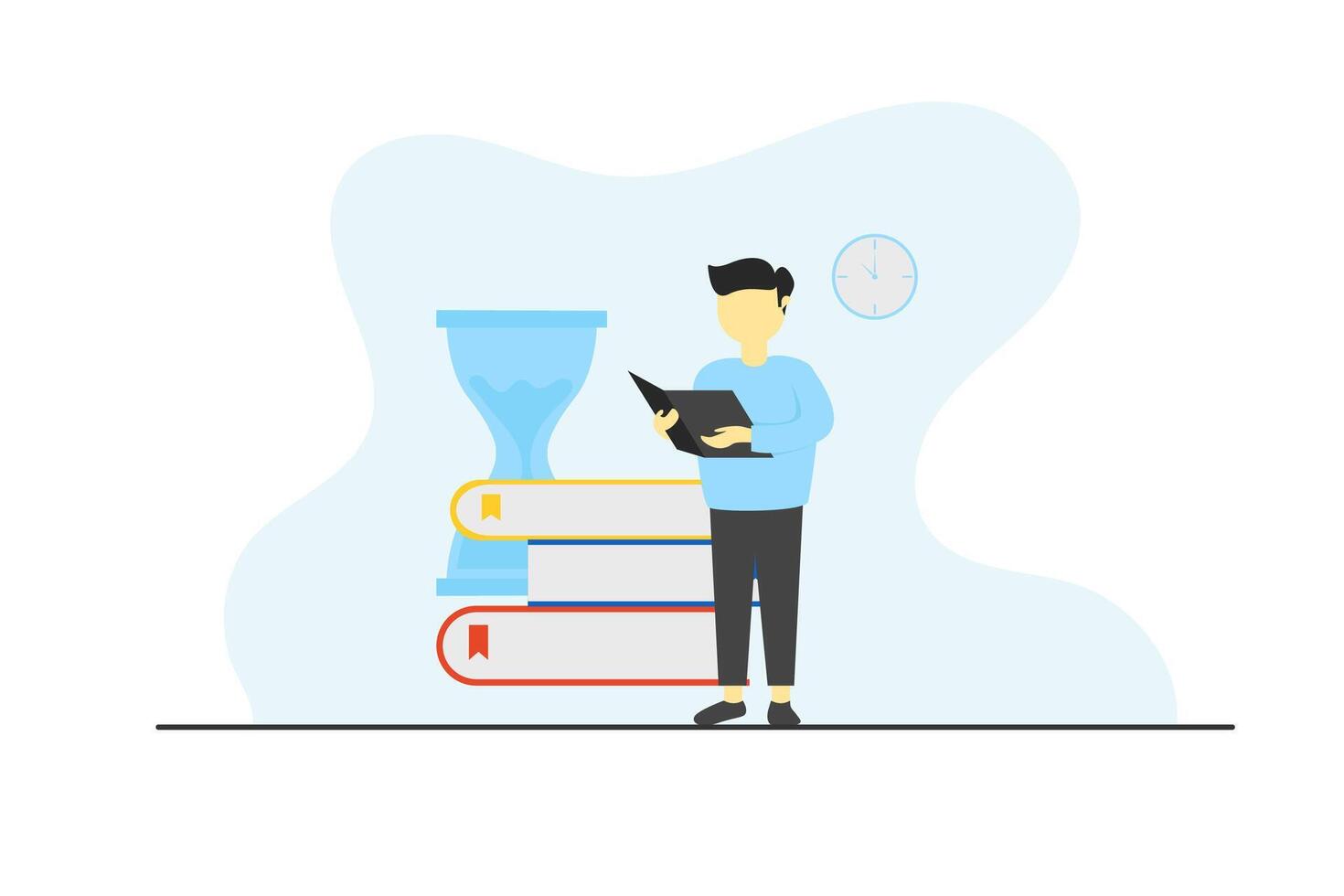 Flat Design Illustration of Time Management and Study Concept, Man Reading on Digital Device with Books and Hourglass vector