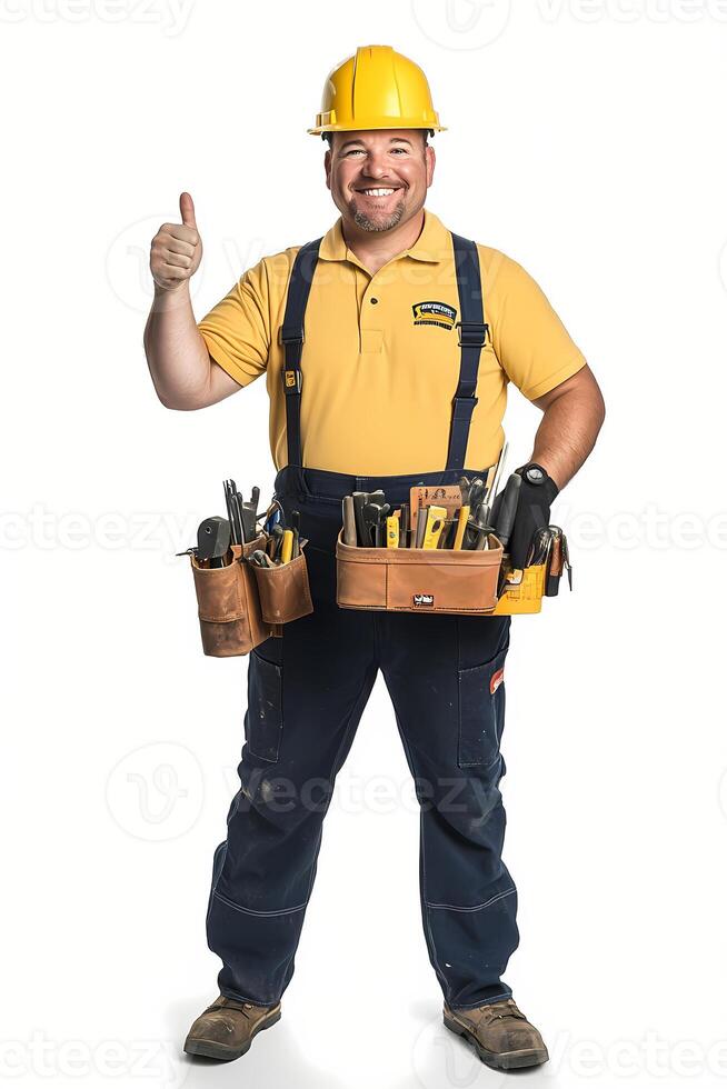 Construction worker gesturing thumbs up with tool belt and hard hat photo