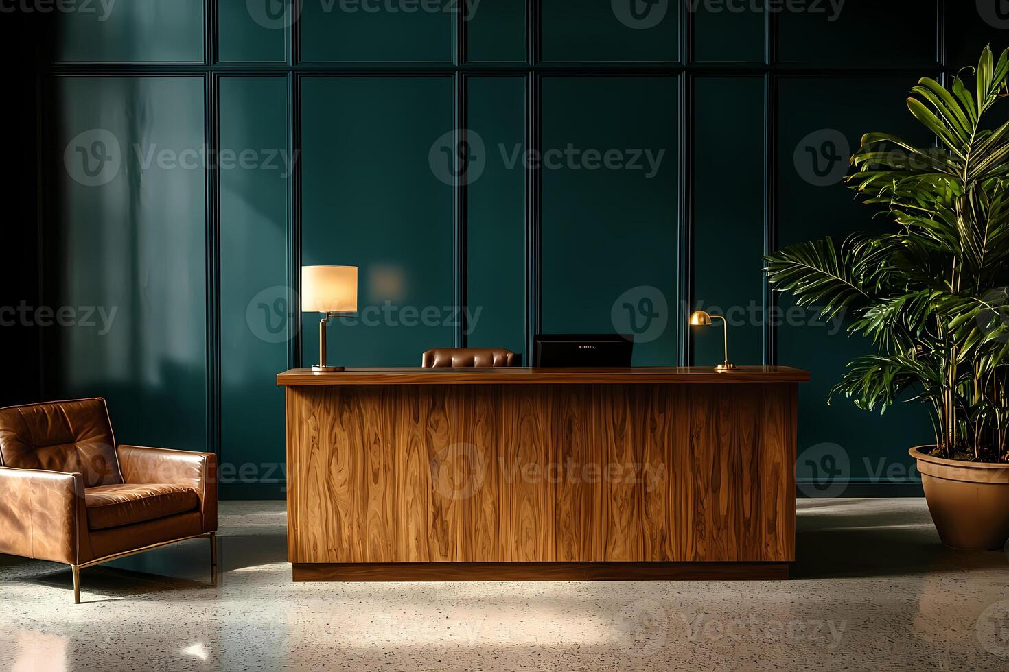 Modern hotel reception desk with elegant lamps and green wall photo