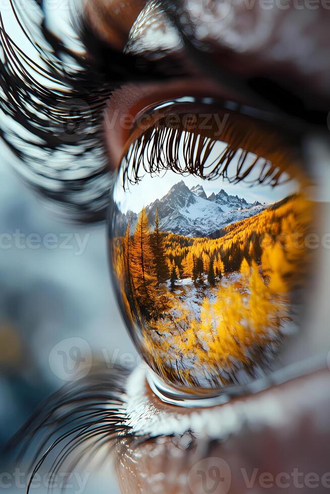 Eye reflecting stunning autumn mountain landscape with golden larch trees photo