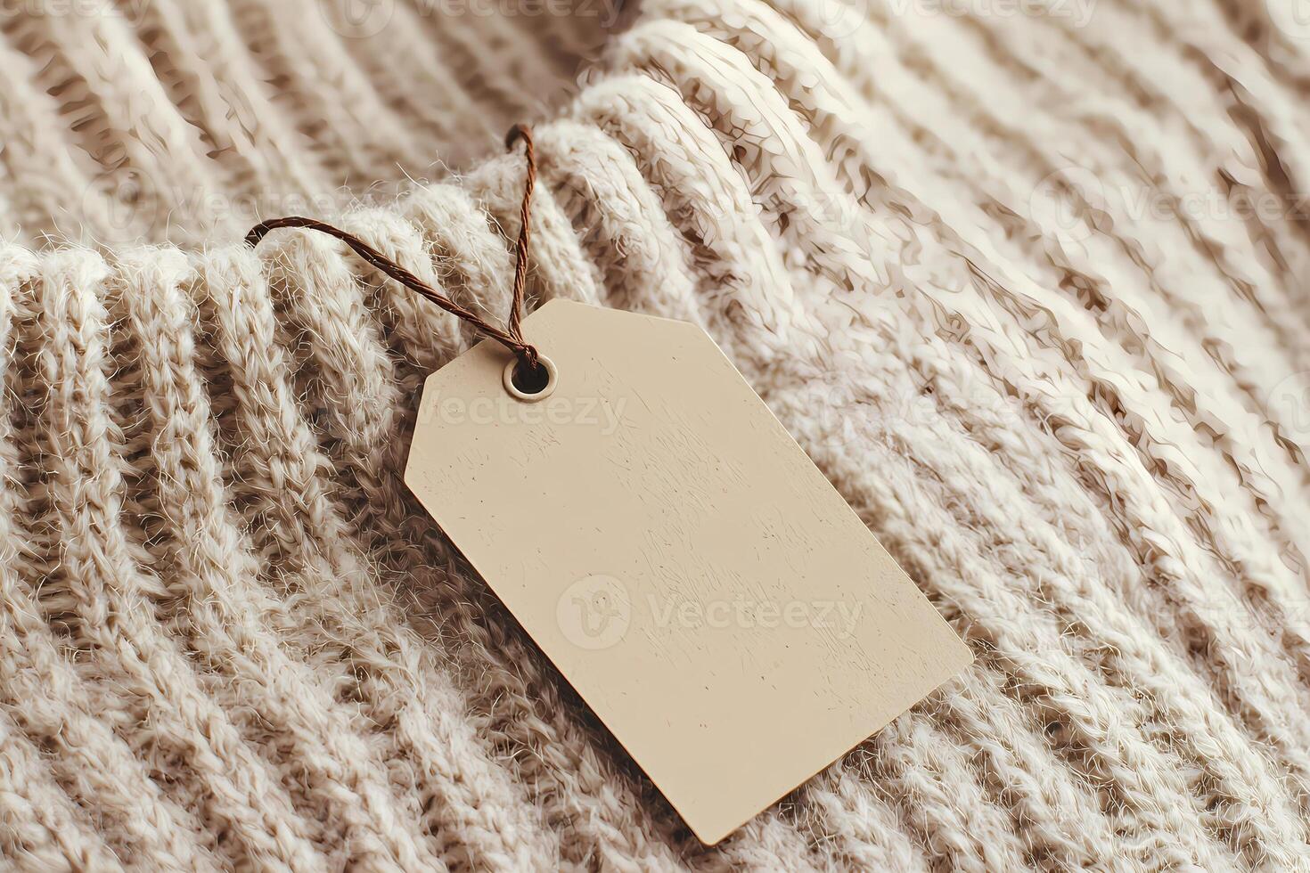 Blank beige clothing label on cozy knitted sweater photo