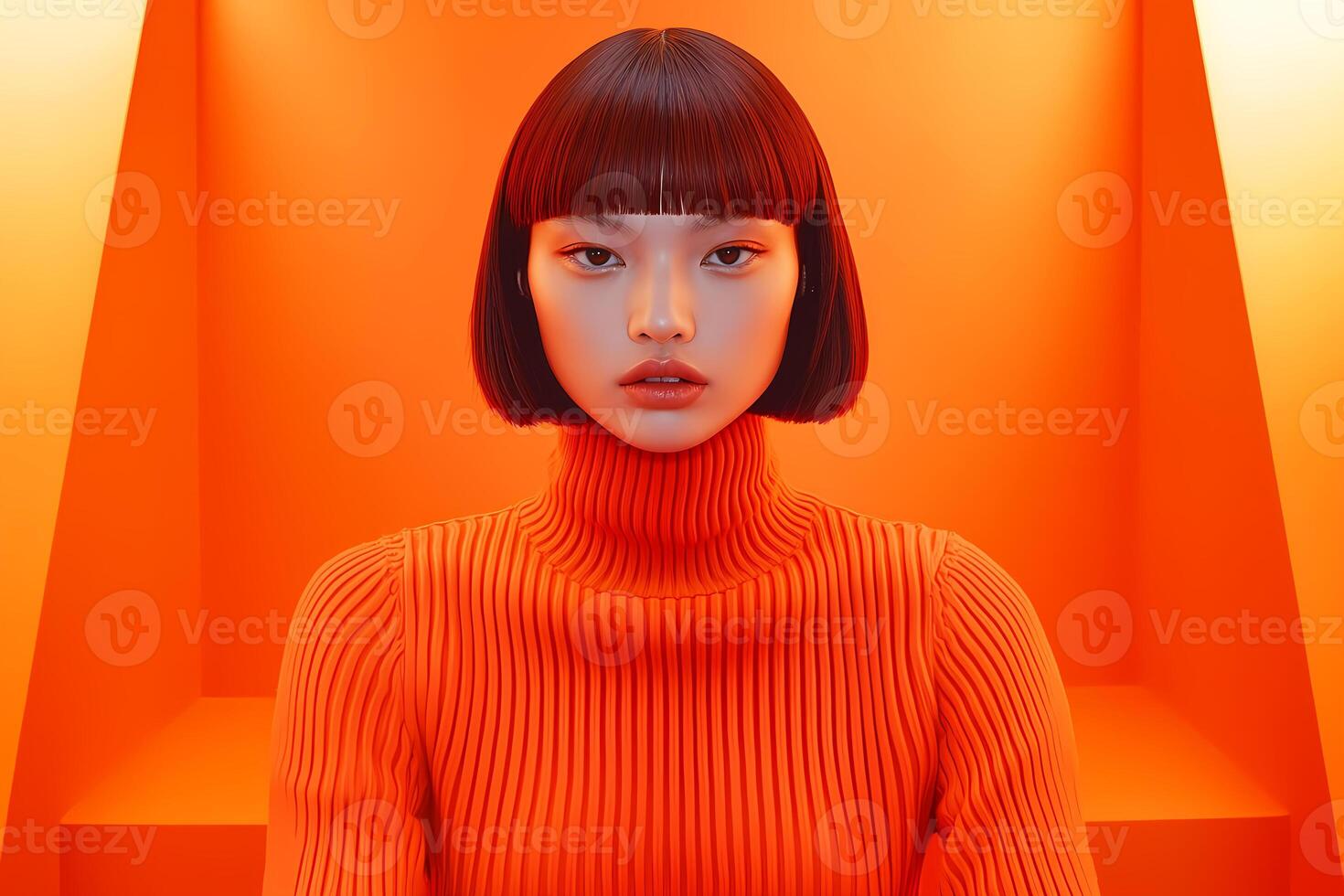 Fashion model posing in orange monochromatic studio setting photo