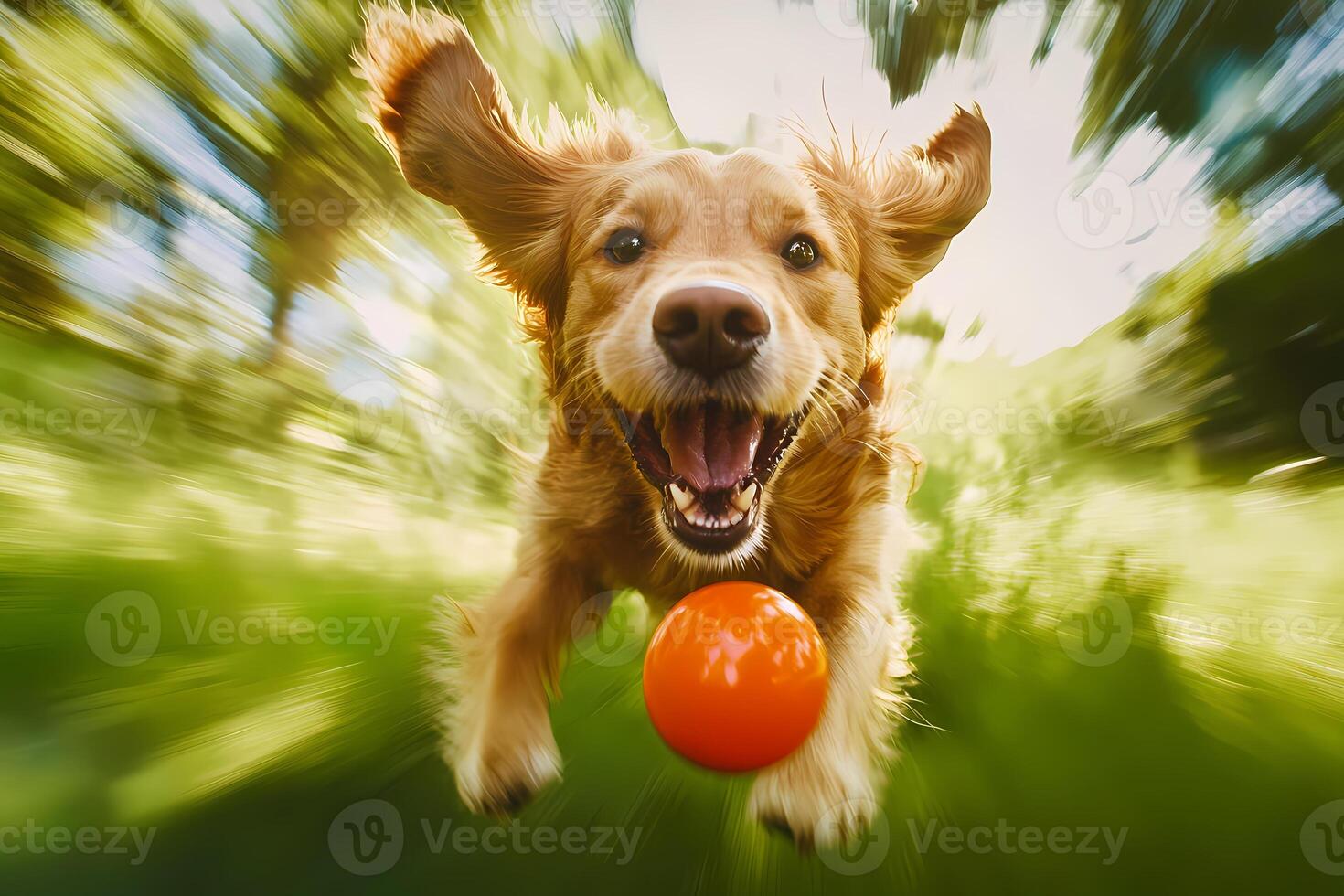 Golden retriever running towards camera with orange ball photo