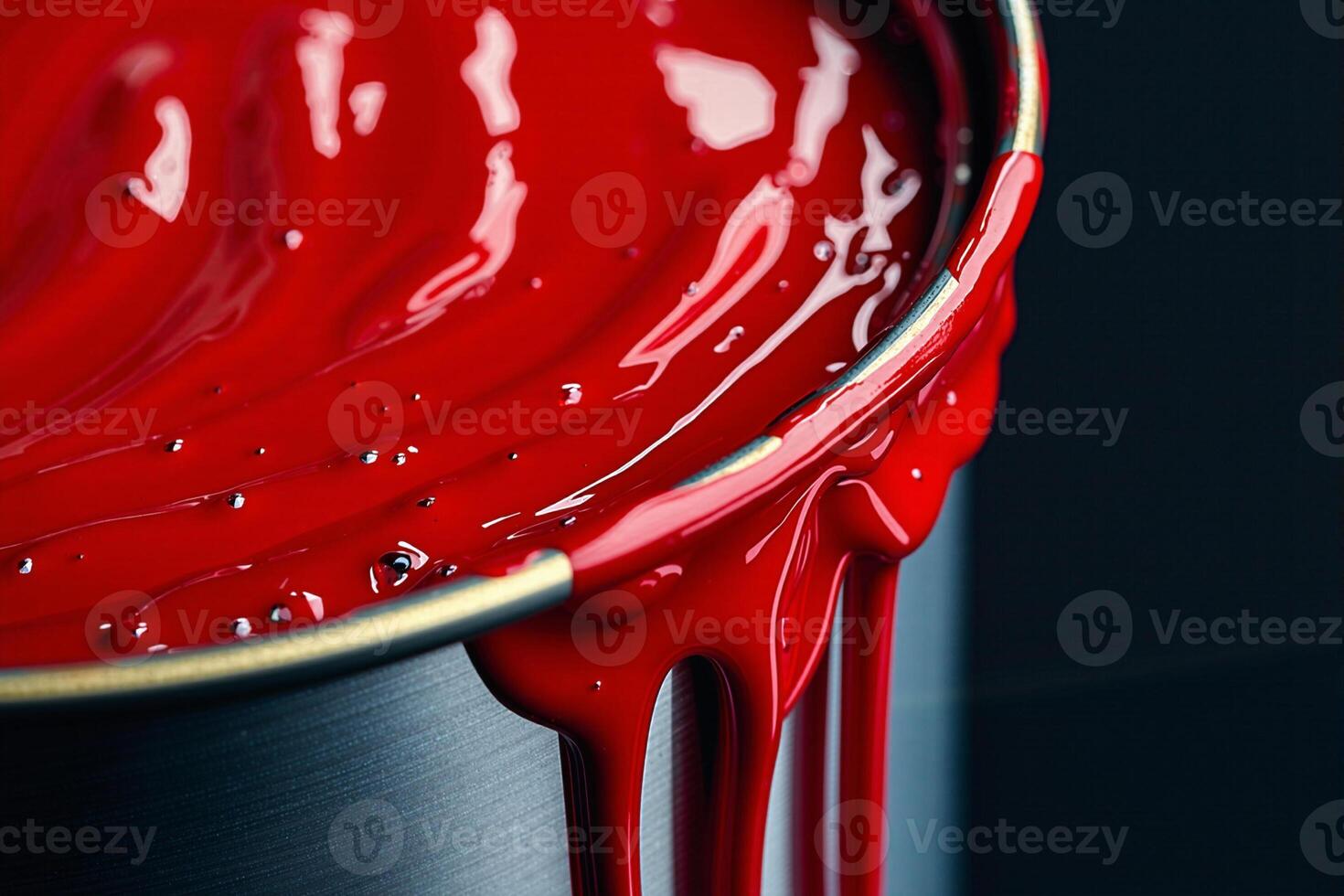 Red paint dripping from a paint can, vibrant and glossy photo