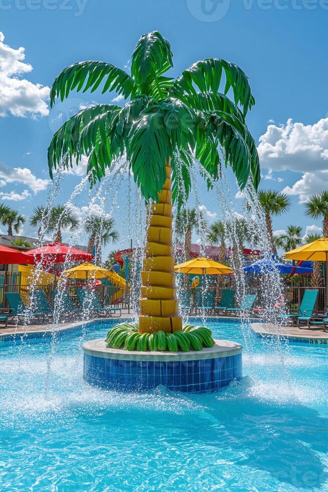 Palm tree fountain sprinkling water in a resort swimming pool photo