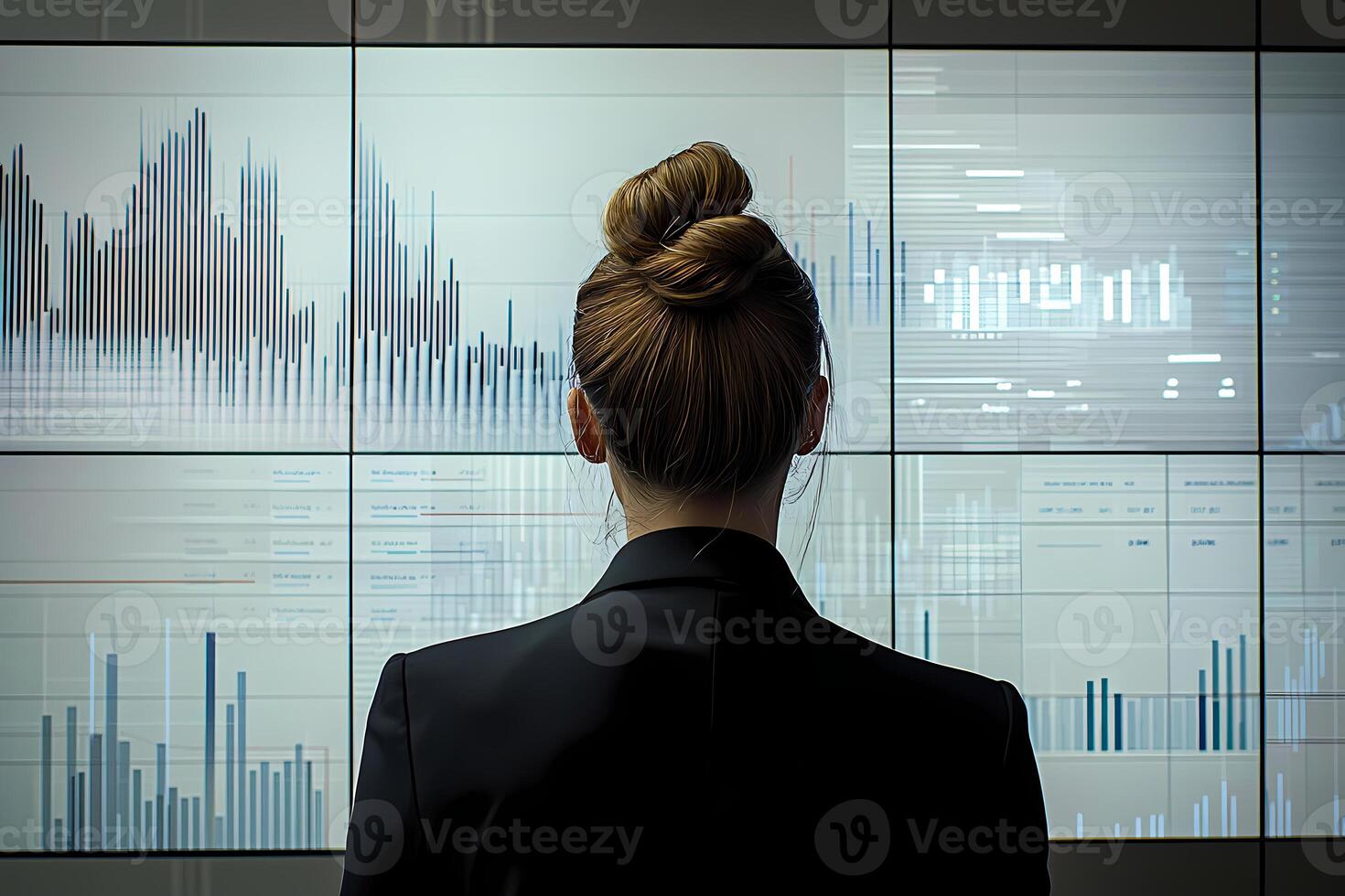 Businesswoman analyzing data on multiple screens in office photo