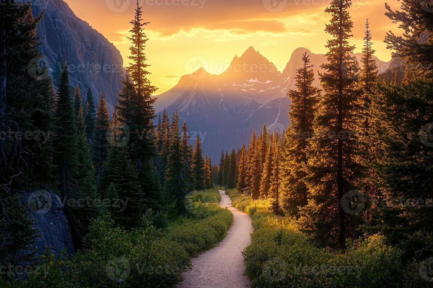 Winding hiking trail through pine forest at sunset in the mountains photo