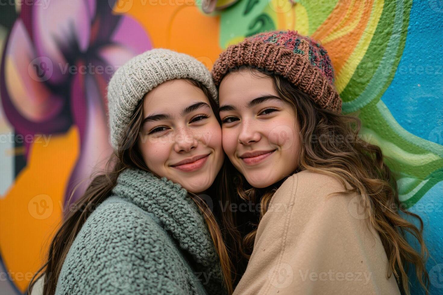 Two smiling teenage girls wearing winter clothes and hats are posing in front of graffiti wall photo