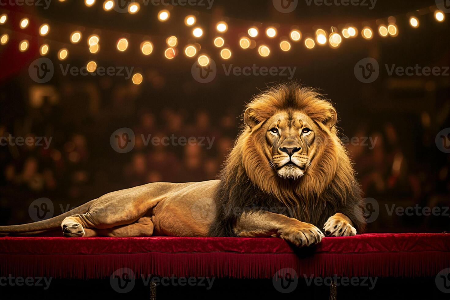 Majestic lion resting on stage in circus tent with sparkling lights photo