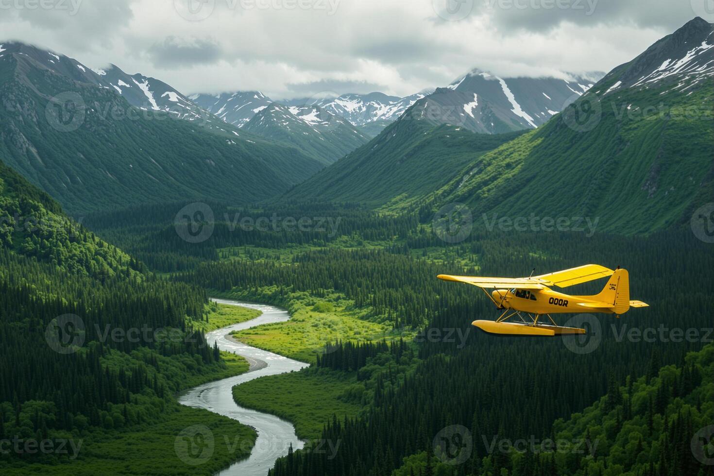 Yellow seaplane flying over alaskan wilderness valley photo