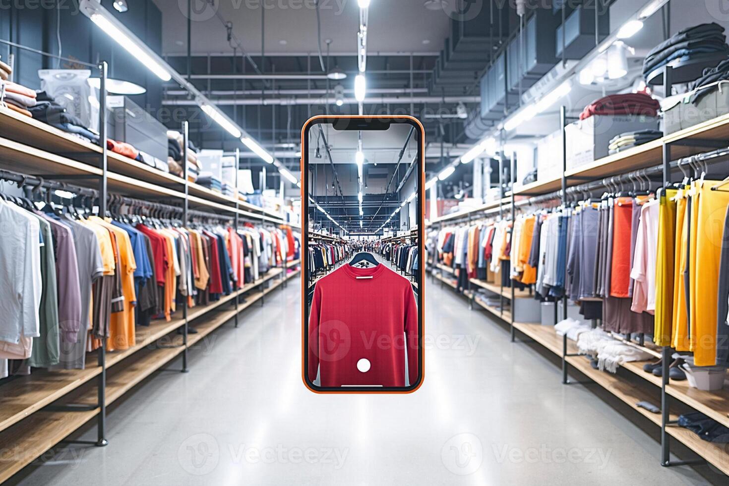 Smartphone showing augmented reality shopping experience in clothing store photo