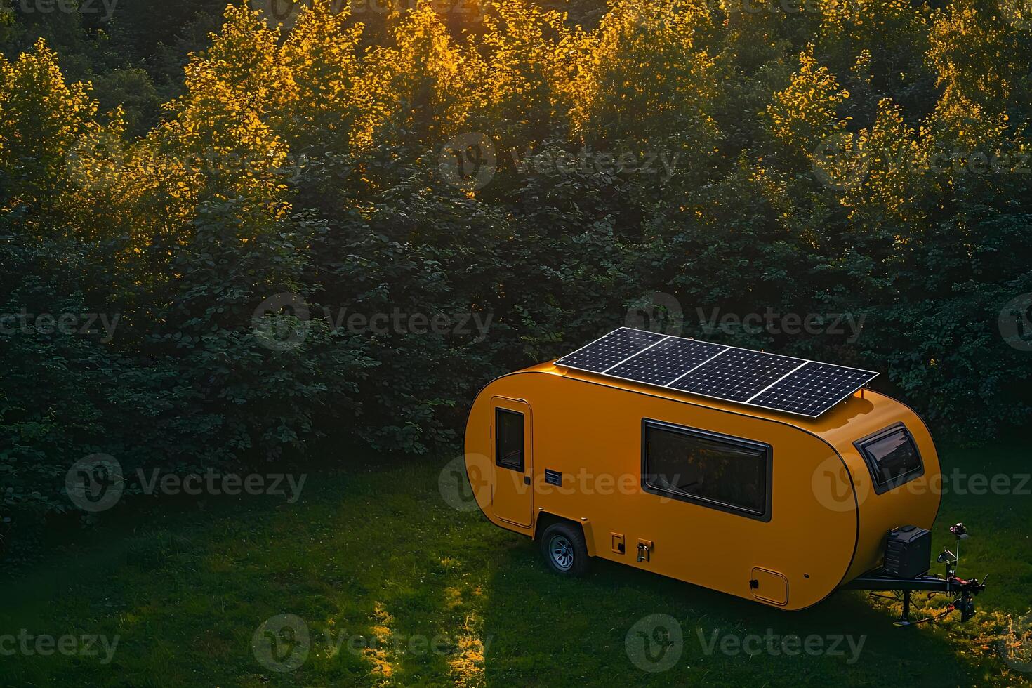 Modern camper trailer with solar panels in scenic sunset location photo