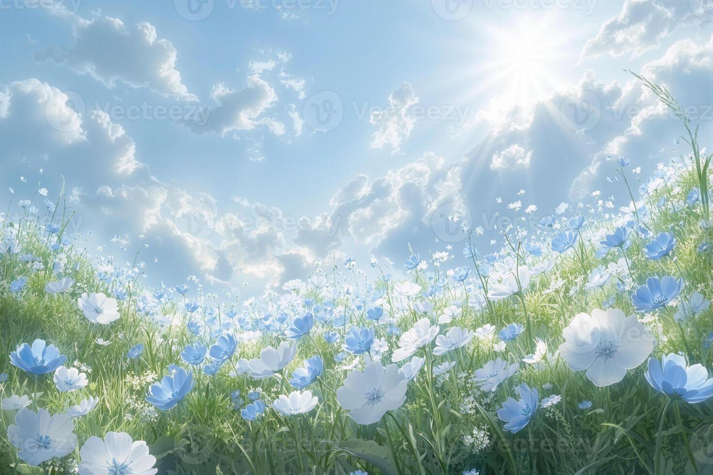 Sun shining over field of blue and white flowers photo