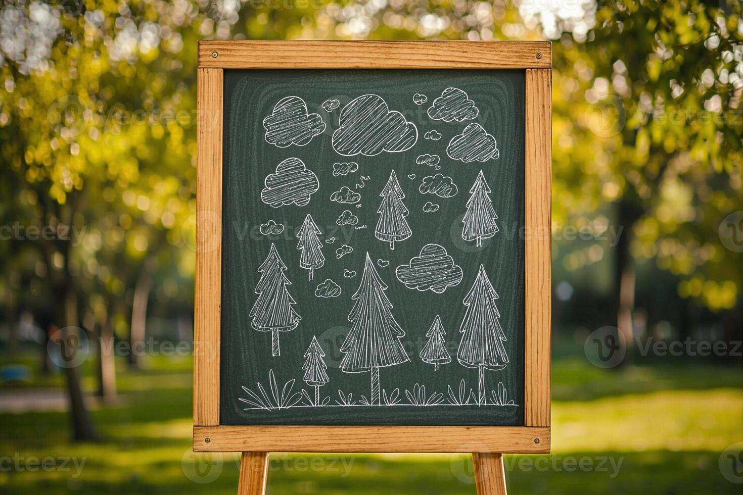 Protecting forests for future generations, chalkboard drawing in a park symbolizing environmental awareness photo