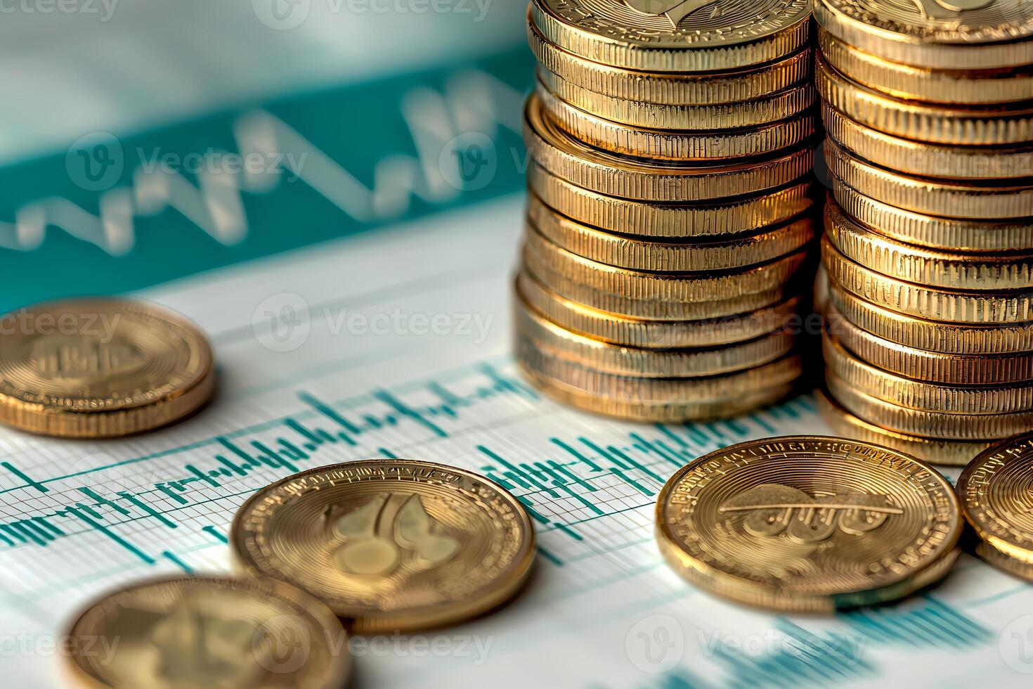 Stacks of gold cryptocurrency coins resting on financial charts photo