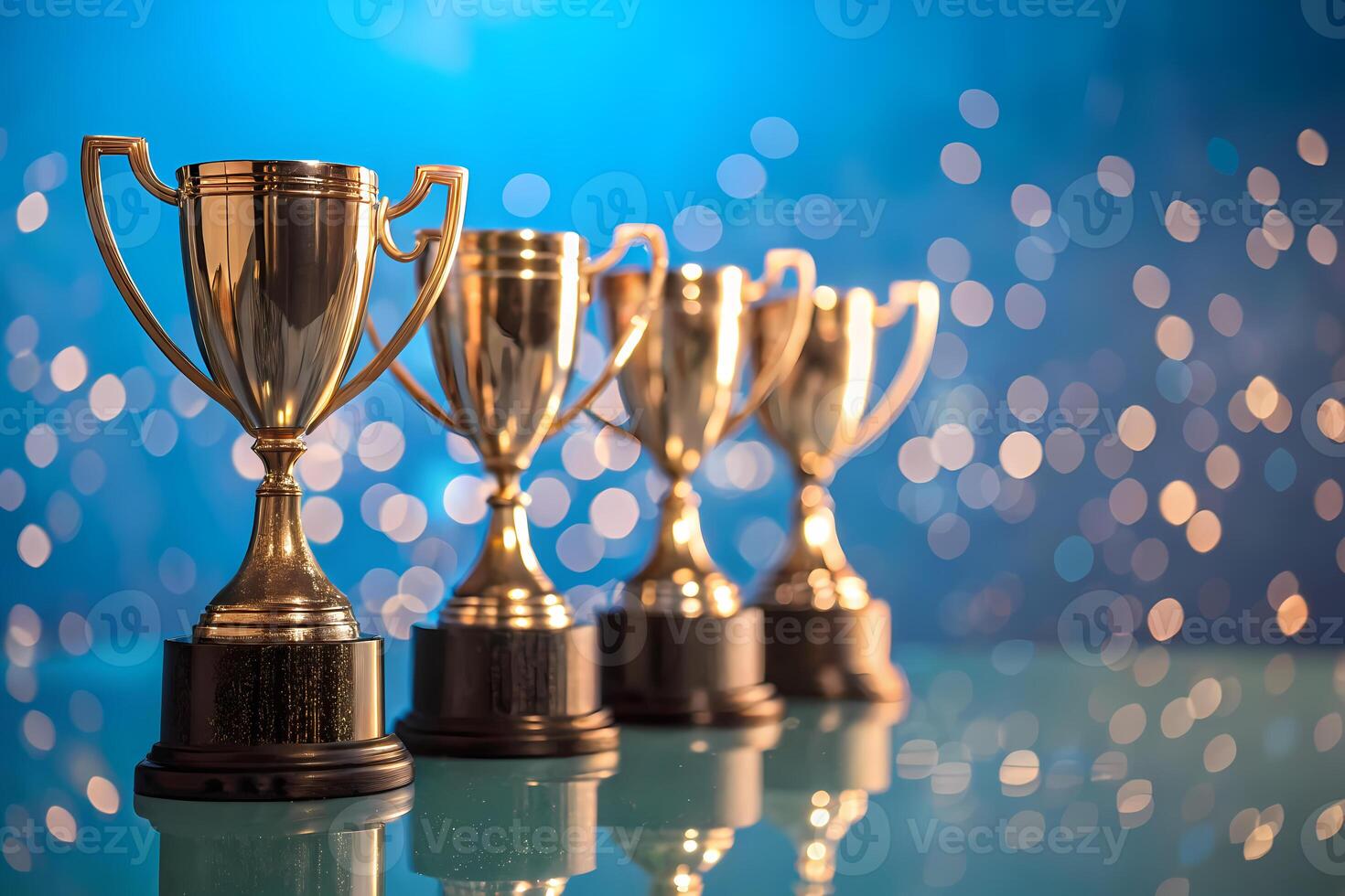 Shiny gold trophies on reflective surface with bokeh photo