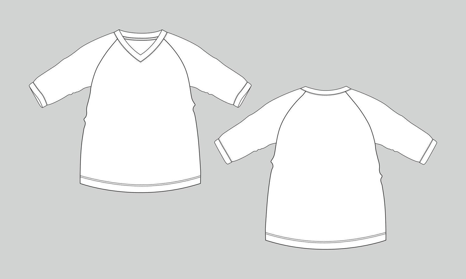 V neck long sleeve raglan t shirt technical drawing fashion flat sketch template front and back vector
