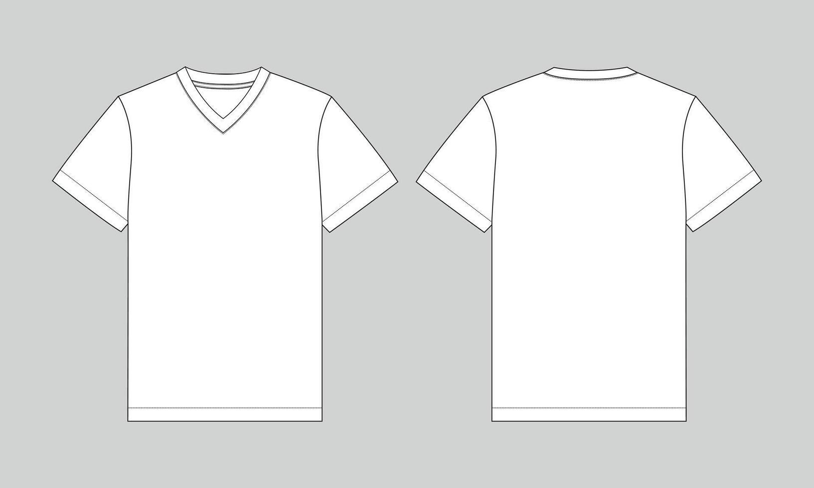 V neck t shirt technical drawing fashion flat sketch template isolated on grey background vector