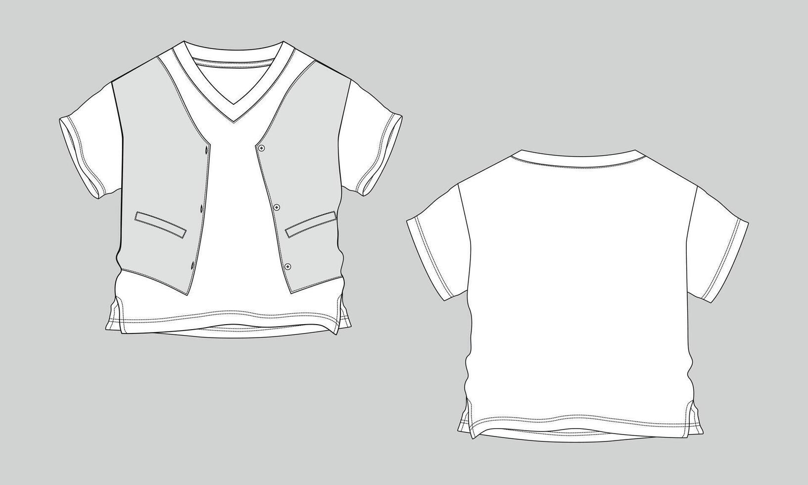 V neck t shirt technical drawing fashion flat sketch template fro kids vector