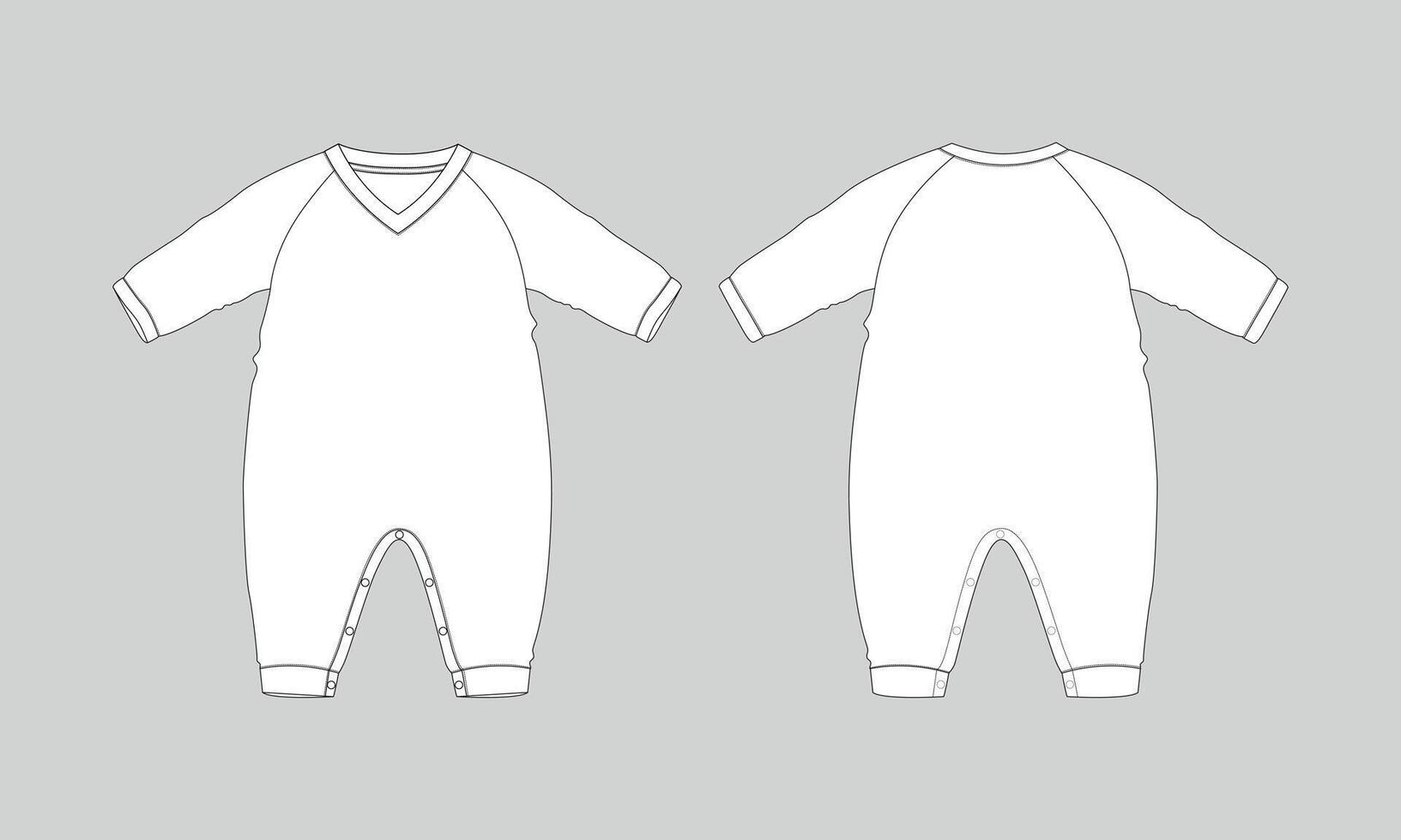 V neck Long sleeve romper technical drawing fashion flat sketch template for kids vector