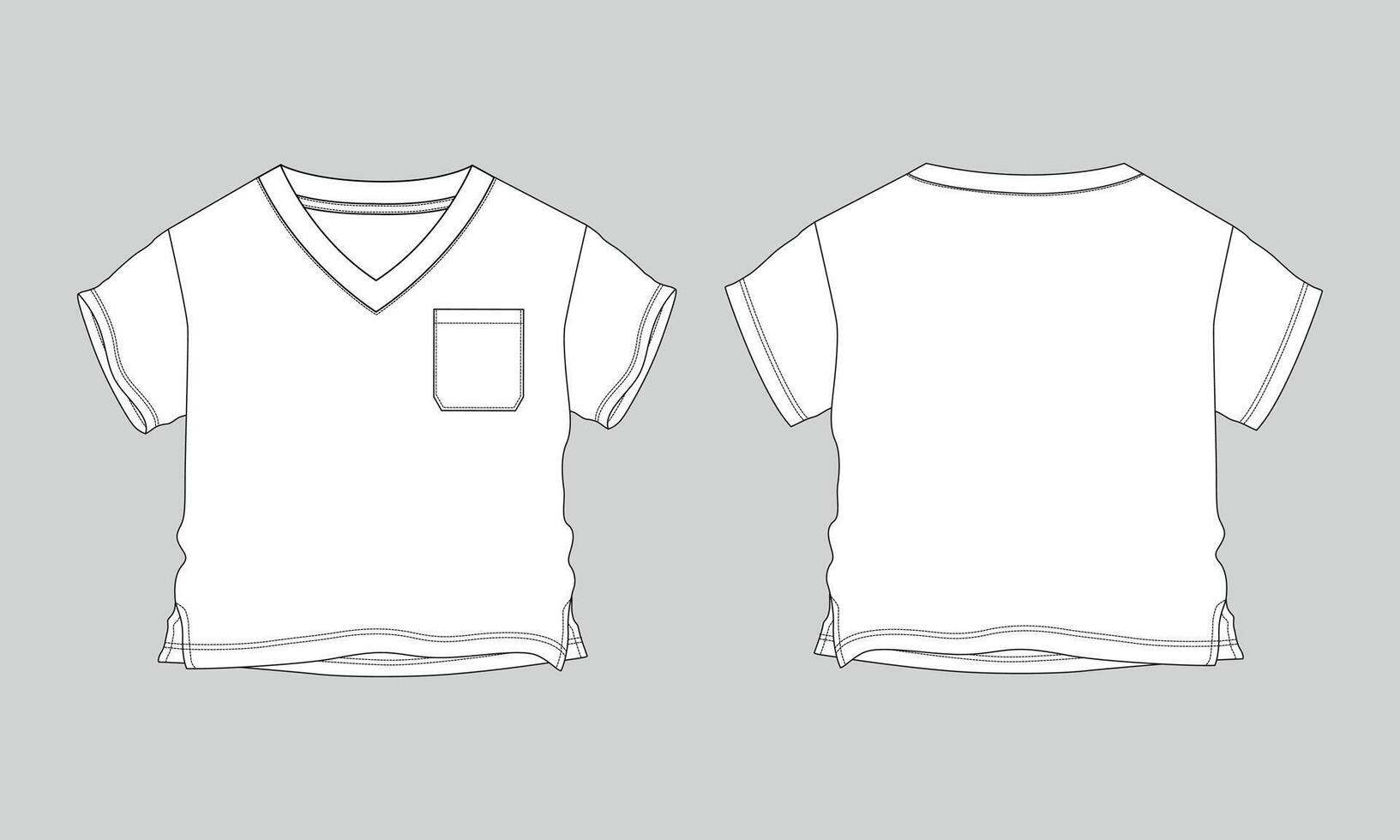 V neck t shirt with pocket technical drawing template for kids vector