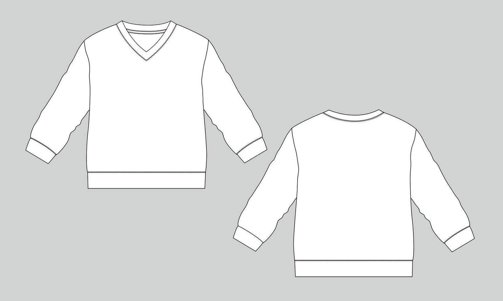 V neck sweatshirt technical drawing fashion flat sketch template front and back vector
