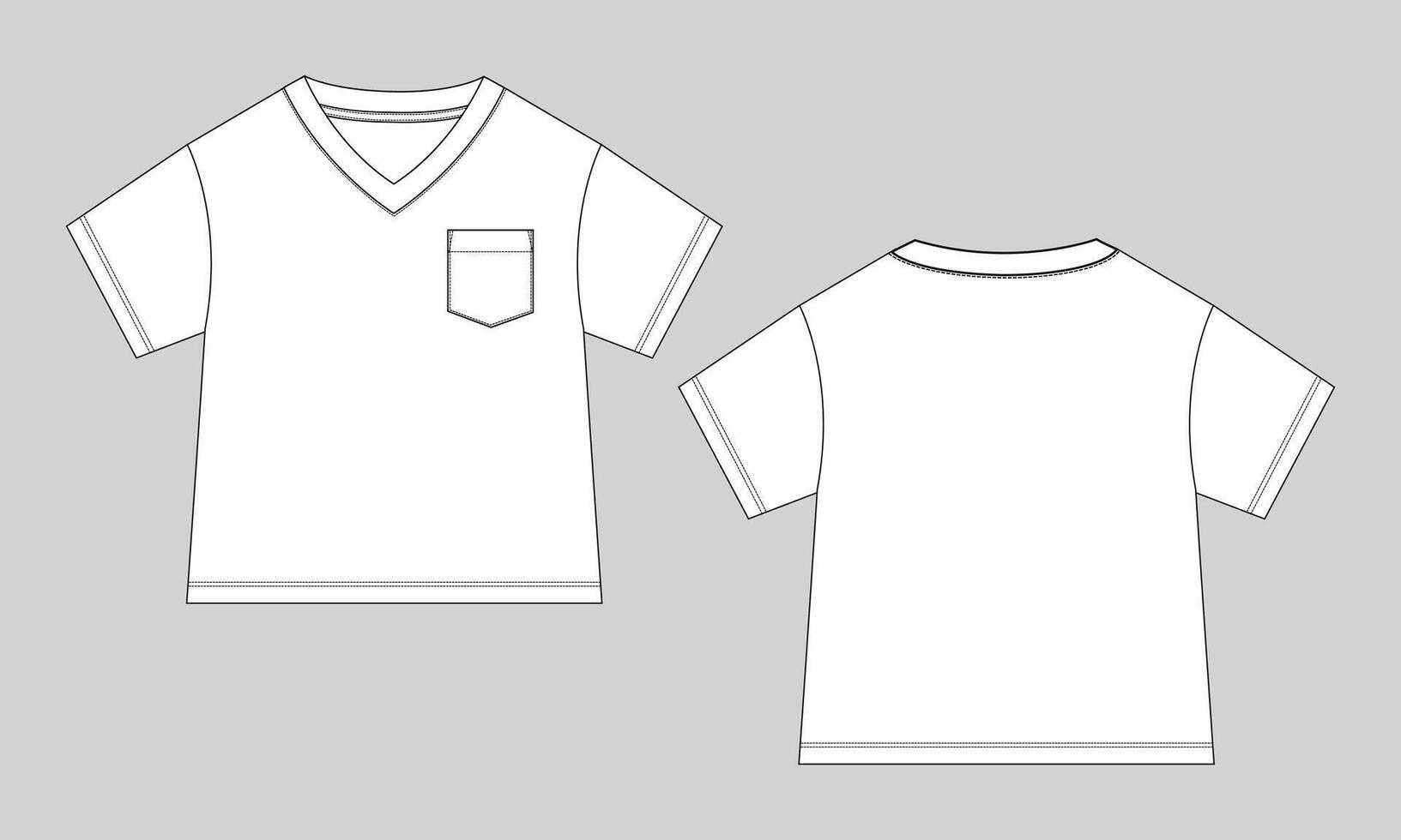 V neck t shirt T shirt with pocket technical drawing fashion flat sketch template for kids vector