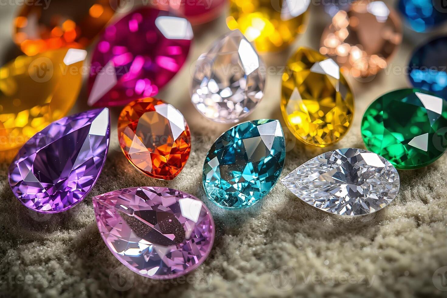 Collection of colorful precious gemstones sparkling on rough surface photo
