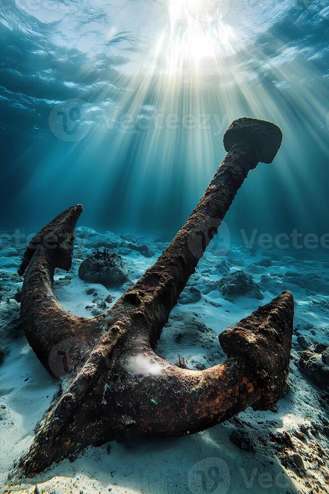 Rusty anchor lying on the seabed with sunbeams shining through the water surface photo