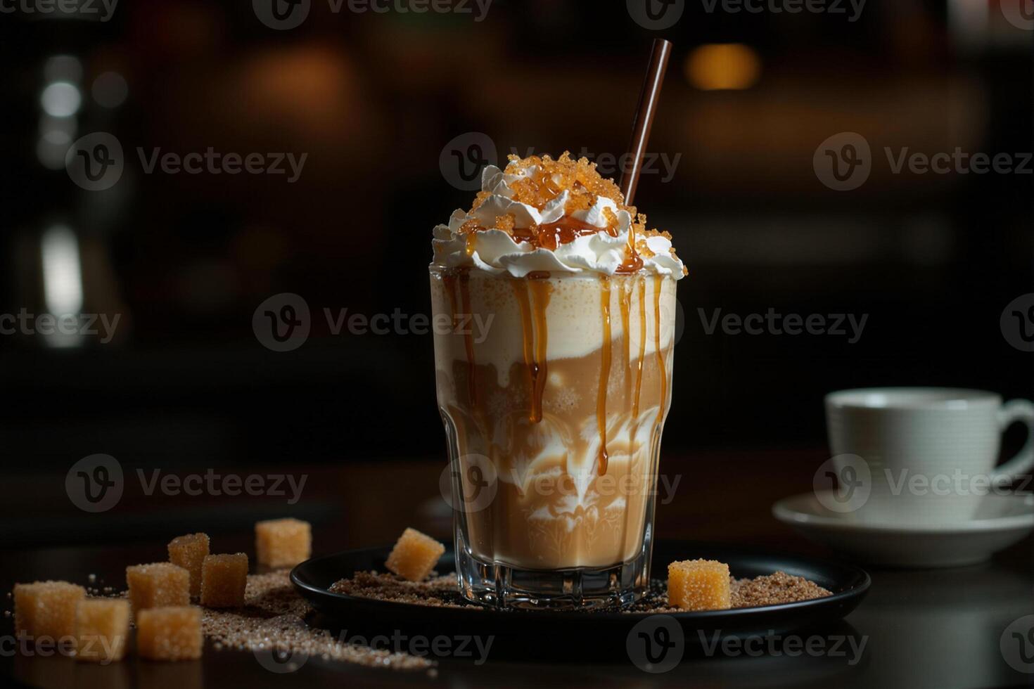 Iced coffee frappe topped with whipped cream and caramel in a cafe setting photo
