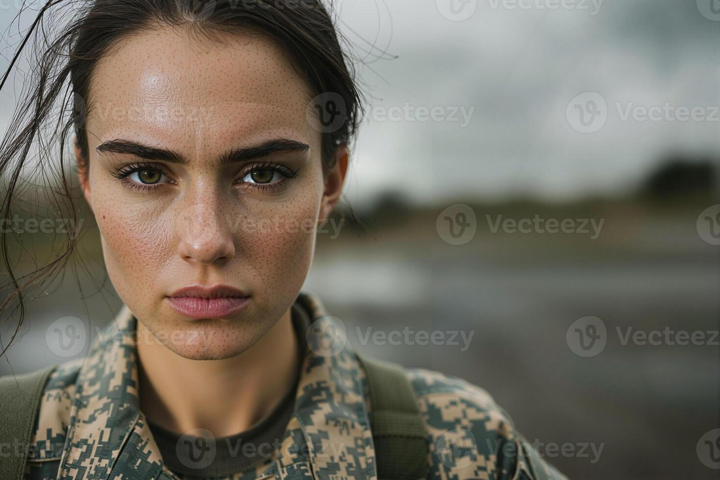Portrait of confident female soldier in uniform on duty photo