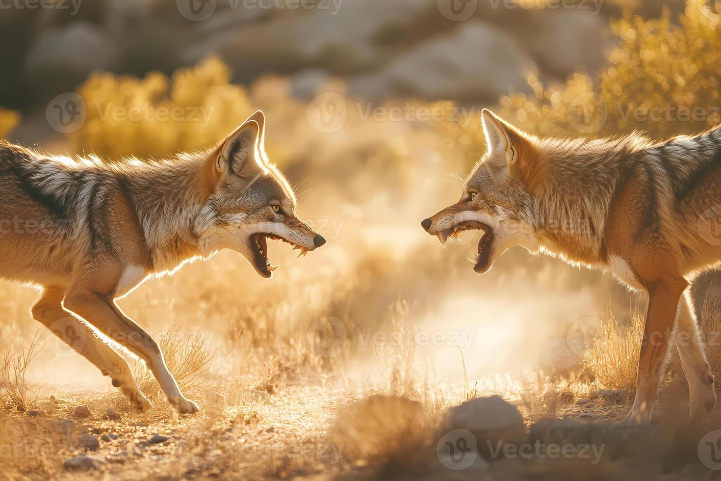 Two coyotes showing teeth and fighting at sunset photo